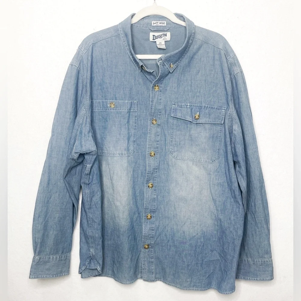 Duluth Trading Co Mens Untucked Chambray Button Front Long Sleeve Work Shirt 2XL - Picture 3 of 11